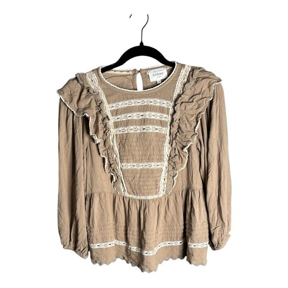 Bohme Tan and White Long Sleeve Peasant Top Ruffle Detail Size Small - Picture 1 of 7